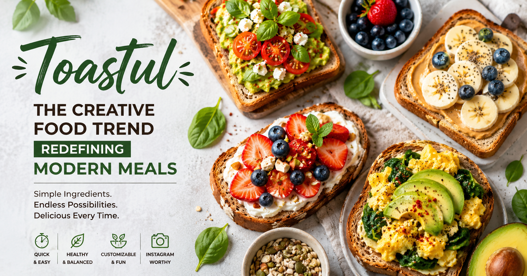 Toastul featuring creative toast recipes topped with avocado, eggs, berries, bananas, and fresh ingredients for healthy modern meals